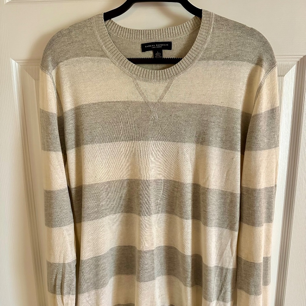 Men's Banana Republic Grey-Cream Striped Sweater, Size L